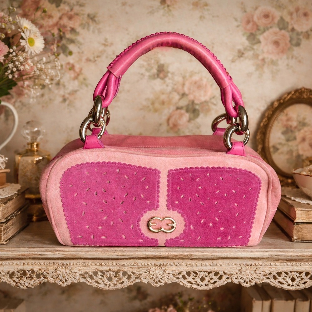 Vintage Y2K, 2000s Escada Pink Suede & Silver Hardware Baguette Purse